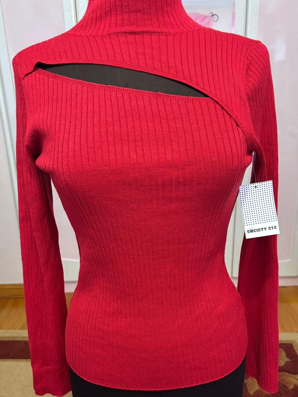 Society 212 Red Ribbed Cutout Turtleneck Sweater